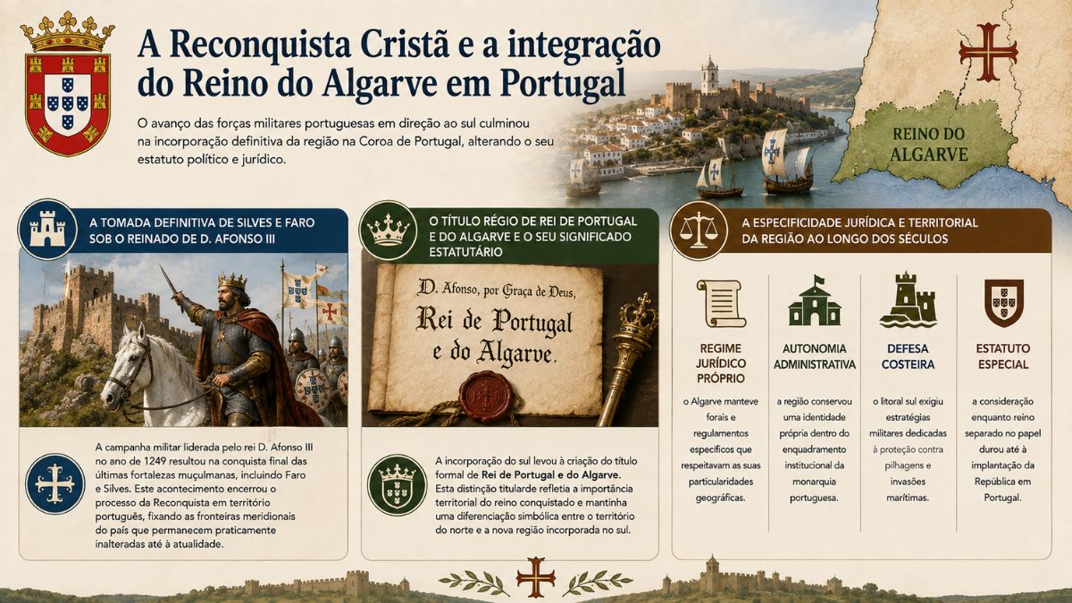 Infografia sobre a Reconquista Cristã e a integração do Reino do Algarve em Portugal com D. Afonso III e o título de Rei de Portugal e do Algarve.