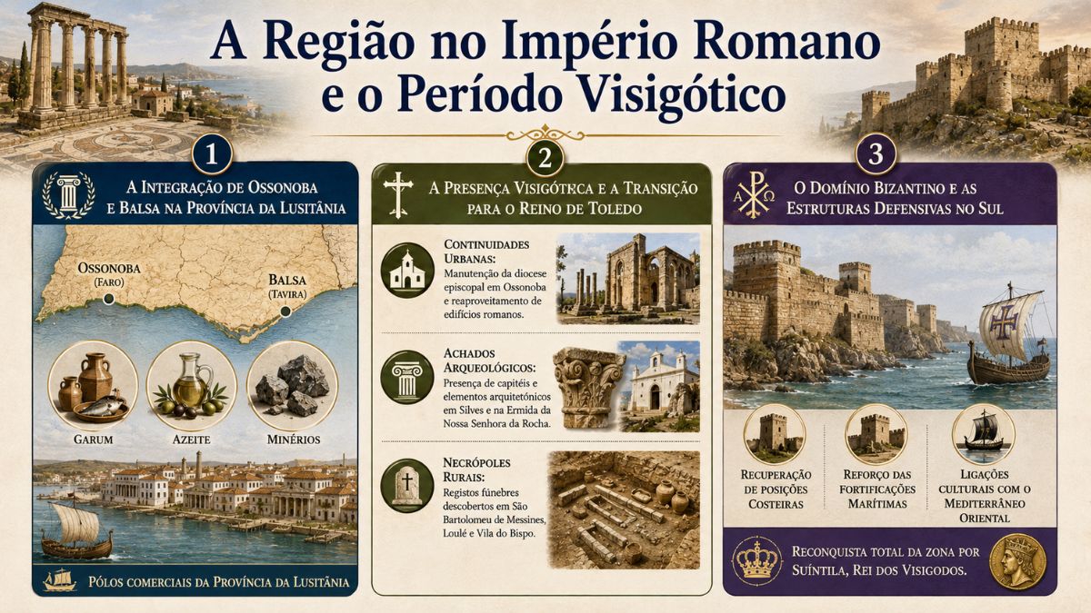Infográfico sobre a história do Algarve no Império Romano, período visigótico e domínio bizantino com mapas, ruínas e rotas comerciais.