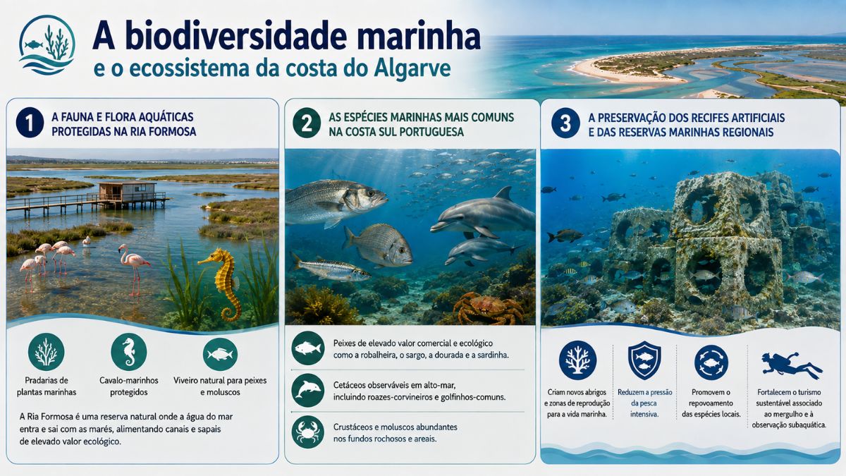 Infográfico sobre a biodiversidade marinha no Algarve, mostrando a fauna da Ria Formosa, espécies aquáticas comuns e a preservação de recifes artificiais.