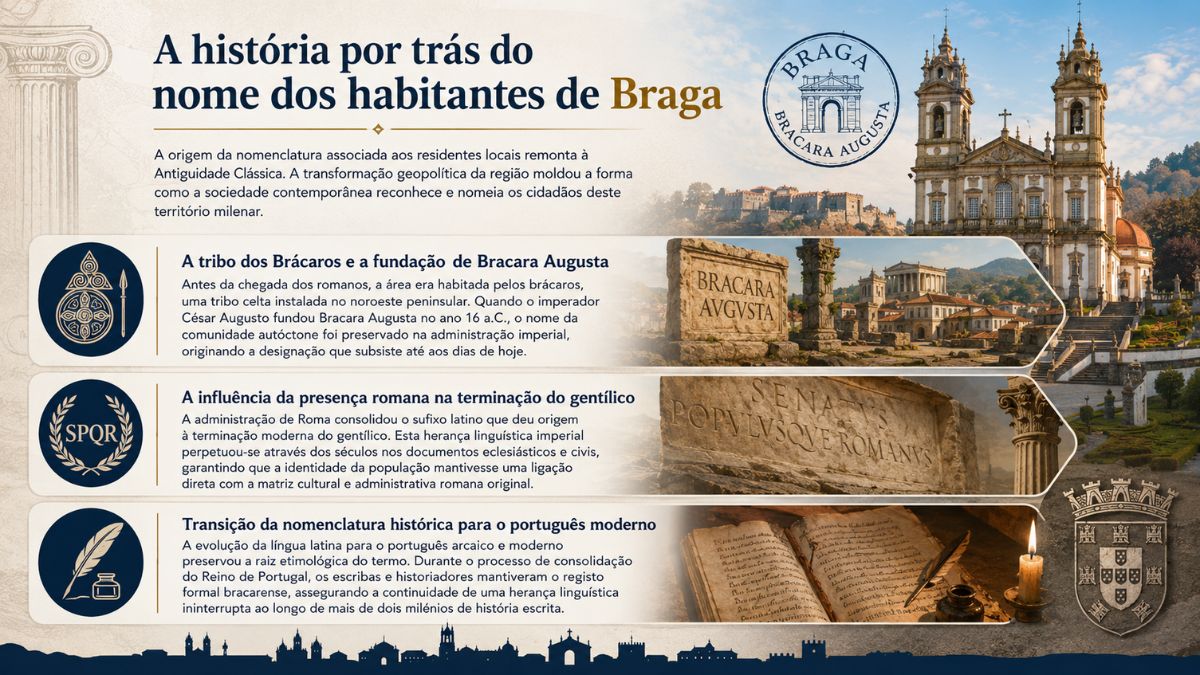 Infográfico sobre a história do nome dos habitantes de Braga destacando a tribo dos Brácaros, a fundação romana e a transição para o português moderno.