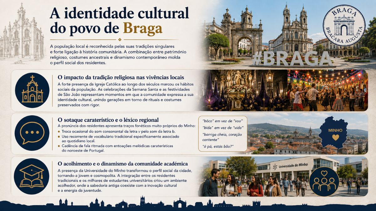 Infográfico sobre a identidade cultural do povo de Braga com fotos da Semana Santa festas de São João sotaque regional e Universidade do Minho.