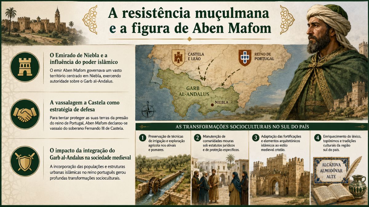 Infográfico histórico sobre a resistência muçulmana e o emir Aben Mafom mostrando o mapa do Garb al-Andalus e a integração no reino português.