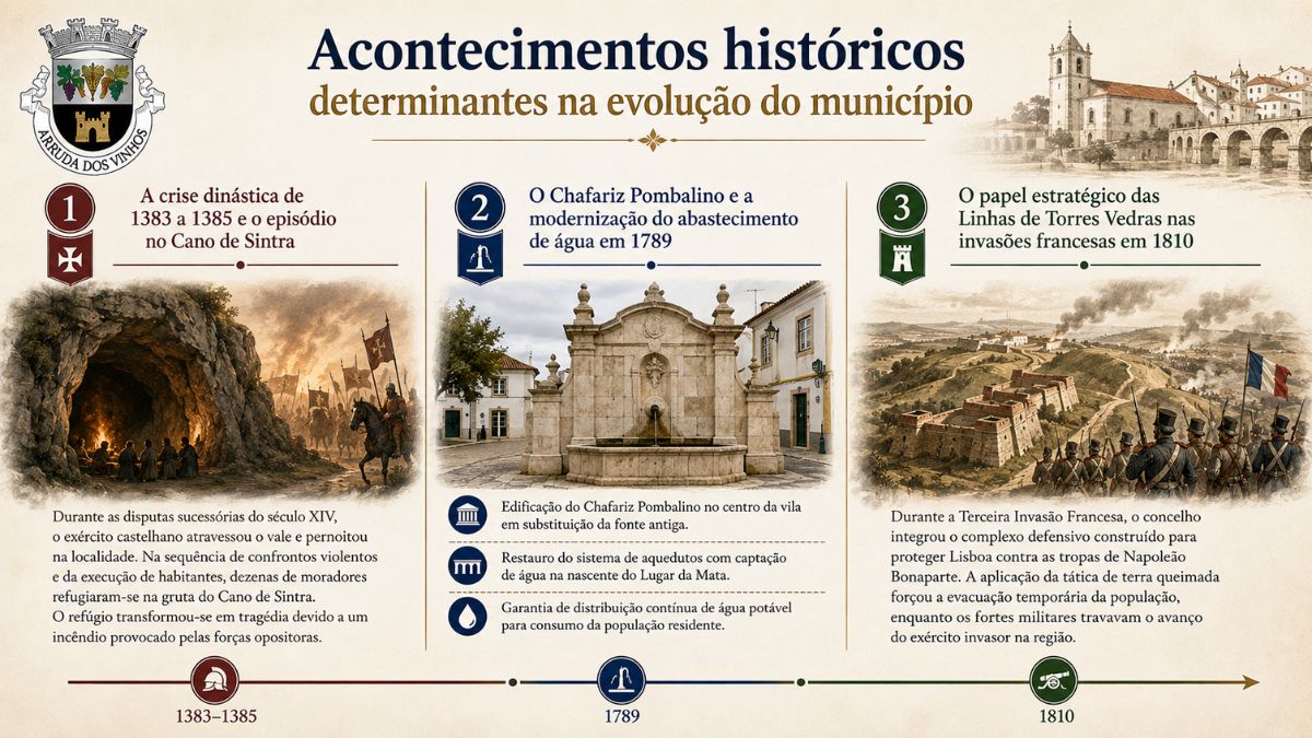 Infográfico histórico sobre os marcos de Arruda dos Vinhos abordando a crise dinástica no Cano de Sintra, a construção do Chafariz Pombalino de 1789 e as Linhas de Torres Vedras nas invasões francesas em 1810.