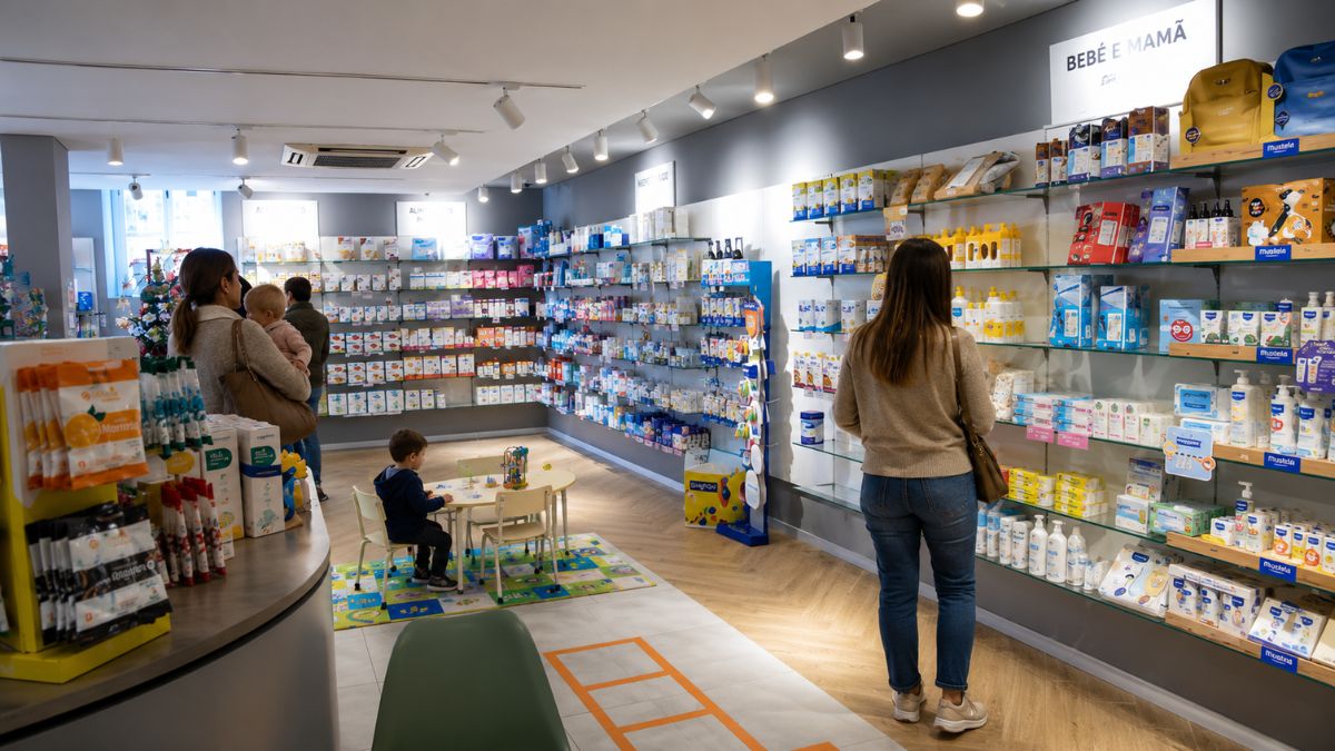 Farmacêutica de jaleco branco e luvas aplicando vacina no braço de uma paciente em ambiente de farmácia em Arruda dos Vinhos.