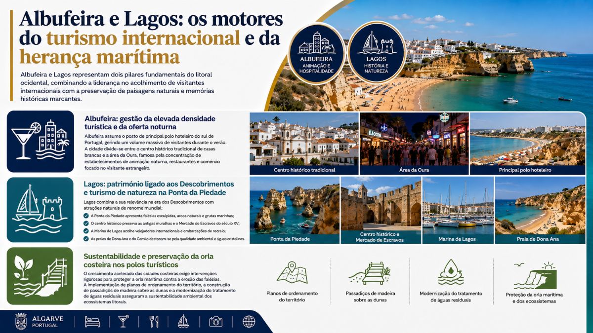 Infográfico informativo sobre Albufeira e Lagos, apresentando imagens do centro histórico, animação noturna da Oura, falésias da Ponta da Piedade e Praia de Dona Ana.