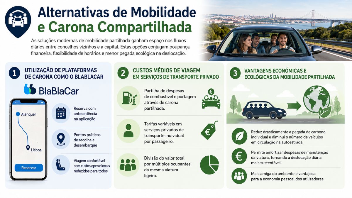 Infográfico explicativo sobre alternativas de mobilidade partilhada e carona compartilhada, destacando a utilização da aplicação BlaBlaCar no percurso entre Alenquer e Lisboa, a divisão dos custos médios em transporte privado e os benefícios ambientais com a redução da pegada de carbono.