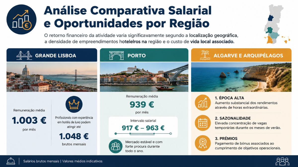 Infográfico comparativo da média salarial e oportunidades de trabalho para empregada de andares nas regiões de Lisboa, Porto e Algarve.