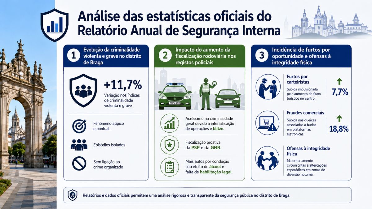 Infográfico com dados do RASI sobre criminalidade violenta, fiscalização rodoviária e aumento de furtos e fraudes comerciais em Braga.