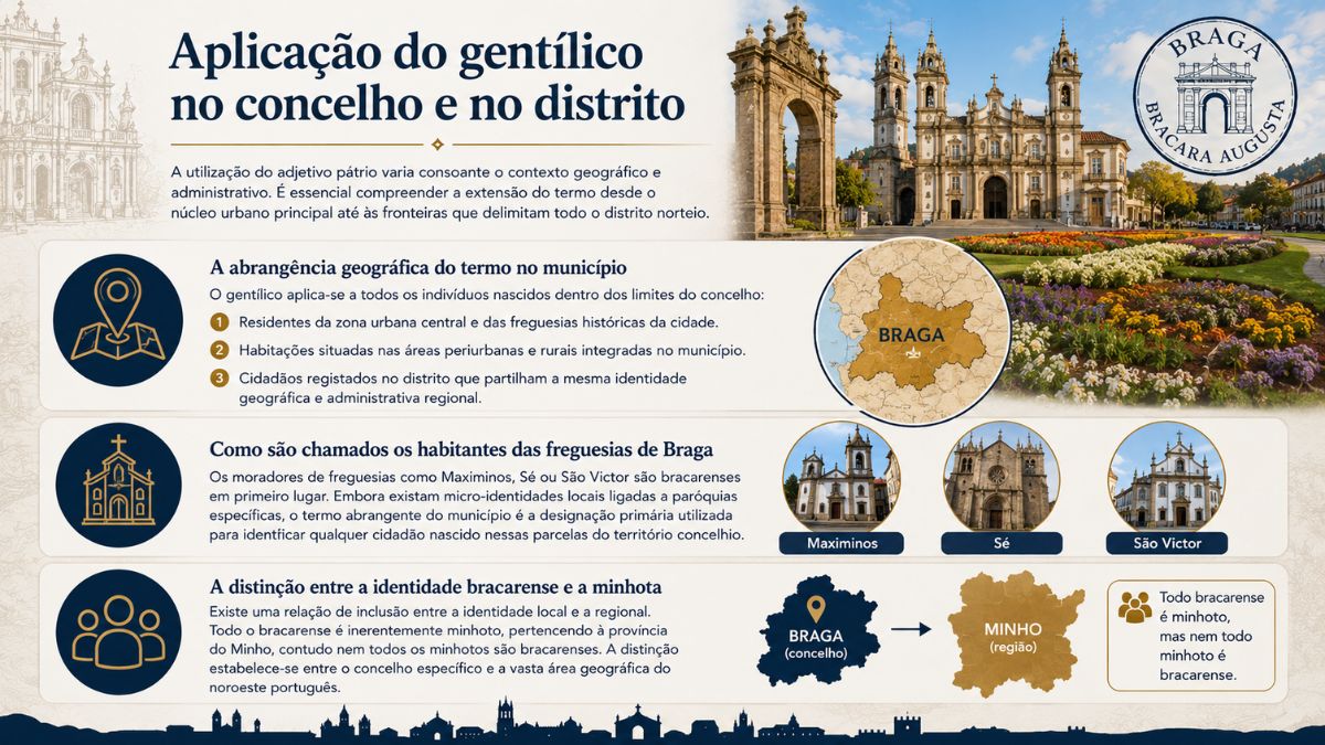 Infográfico sobre a aplicação do gentílico dos habitantes de Braga no concelho e no distrito com mapa geográfico e freguesias históricas.