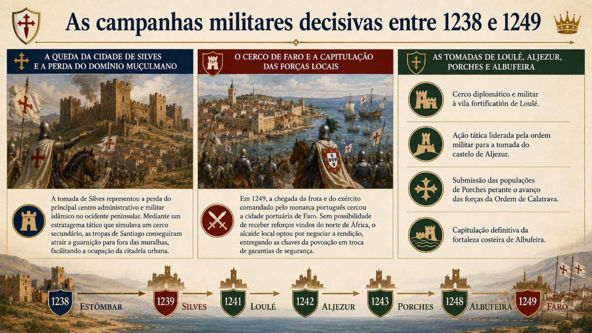 Infográfico das campanhas militares na conquista do Algarve mostrando a tomada de Silves, o cerco de Faro e a cronologia de 1238 a 1249.