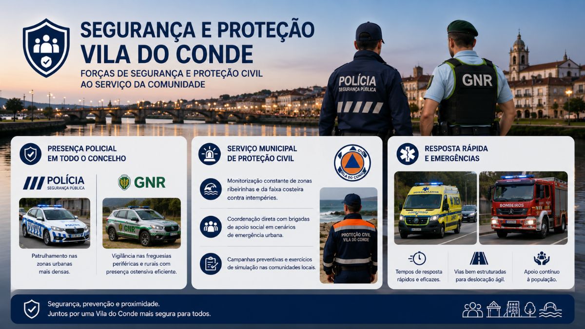 Infográfico sobre a segurança em Vila do Conde mostrando patrulhamento da Polícia de Segurança Pública, Guarda Nacional Republicana, proteção civil e bombeiros.