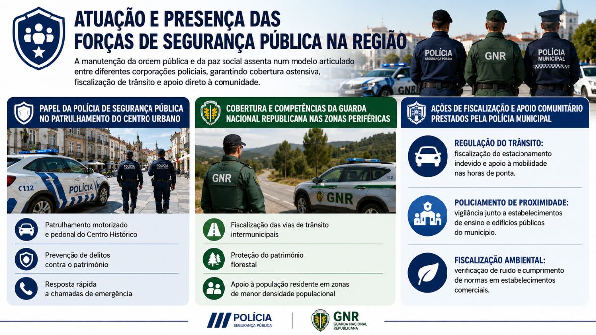Infográfico detalhado sobre a atuação da Polícia de Segurança Pública, Guarda Nacional Republicana e Polícia Municipal na cidade de Braga.