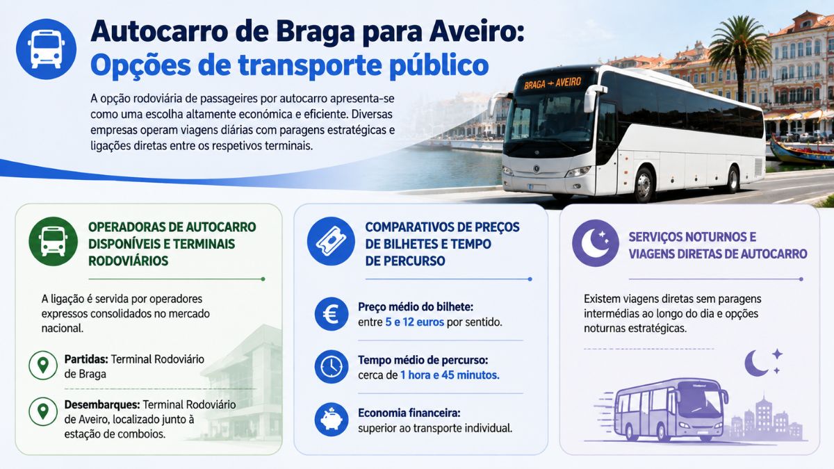 Infográfico sobre autocarro de Braga para Aveiro detalhando operadoras, terminais rodoviários, preços de bilhetes entre 5 e 12 euros, duração de 1 hora e 45 minutos e serviços noturnos.
