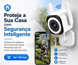 Banner promocional com câmara de segurança Wi-Fi e telemóvel a monitorizar exterior de casa inteligente.