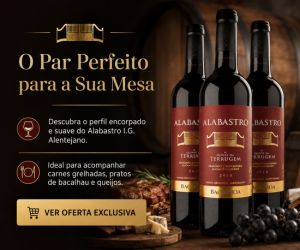 Banner promocional do vinho tinto Alabastro I.G. Alentejano com três garrafas em destaque, o título O Par Perfeito para a Sua Mesa, sugestões de harmonização e um botão dourado com a frase Ver Oferta Exclusiva.