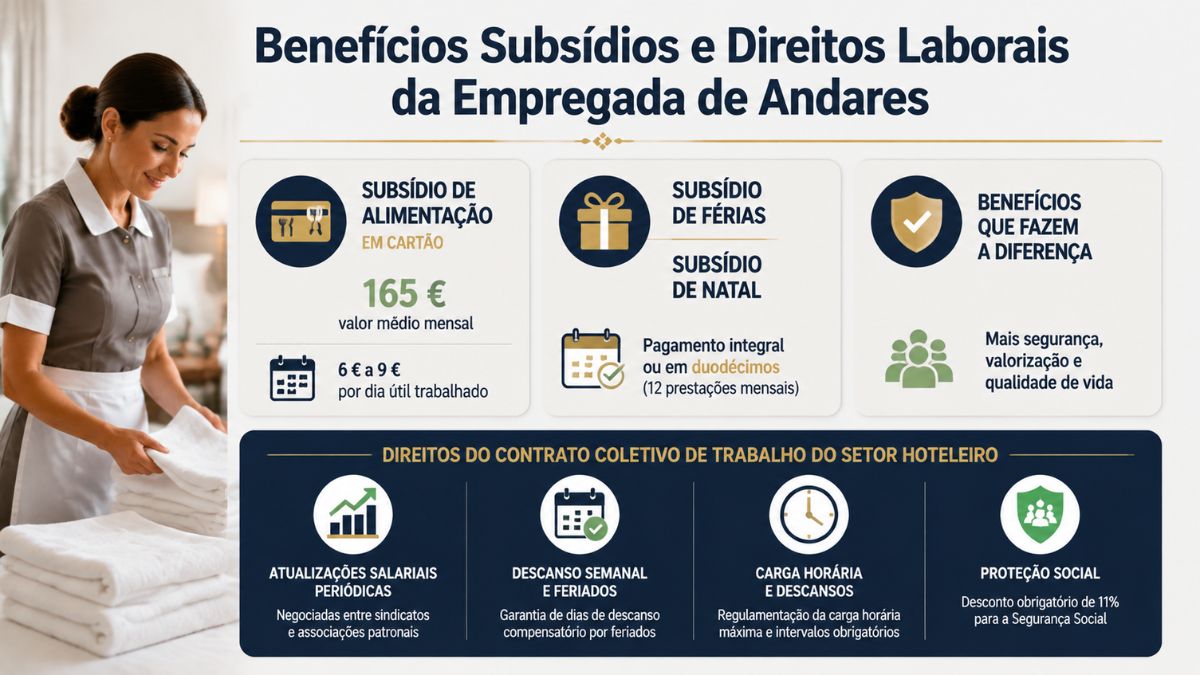 Infográfico sobre direitos laborais da empregada de andares em Portugal destacando o subsídio de alimentação de 165 euros, subsídios de férias e Natal e direitos do contrato coletivo de trabalho hoteleiro.