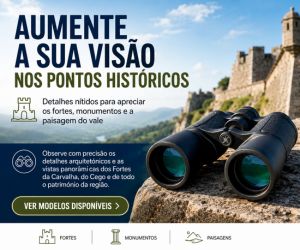 Binóculos de alta precisão apoiados numa mureta de pedra com fortificações históricas e vale ao fundo.