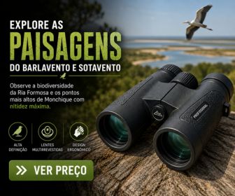 Binóculos profissionais pretos sobre apoio de madeira com paisagem costeira da Ria Formosa e ave a voar ao fundo.