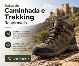 Uma bota de caminhada castanha e preta está apoiada sobre rochas num terreno acidentado, tendo um castelo medieval no topo da colina ao fundo. Do lado esquerdo da imagem, encontram-se textos informativos em destaque, ícones de resistência e aderência em trilhos, além de um botão escuro de chamada de ação com o texto ver preço.