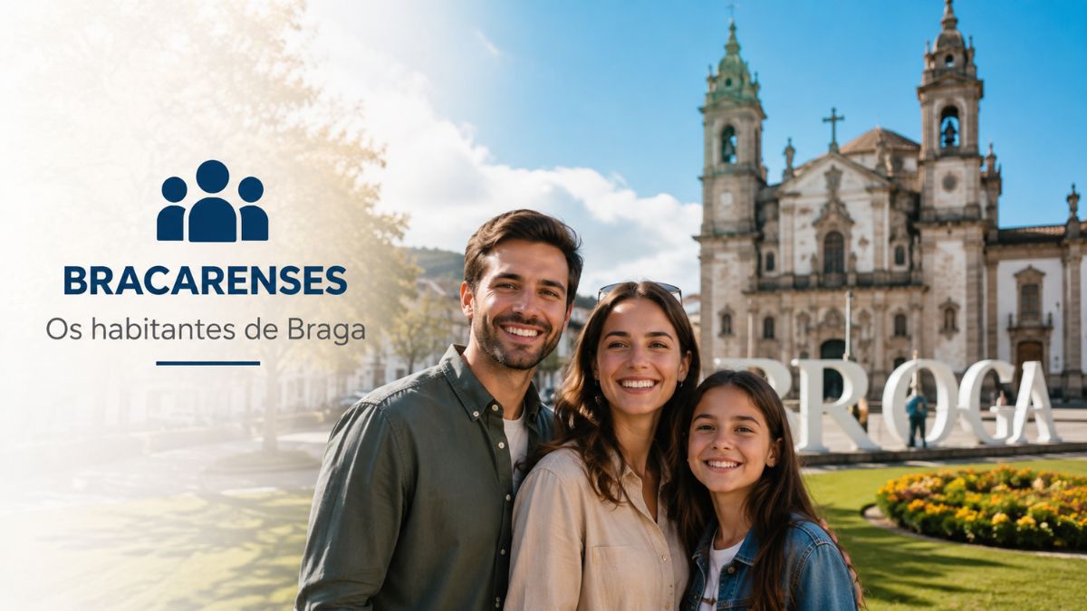 Uma família sorridente em Braga com a Igreja de Santa Cruz e o letreiro da cidade ao fundo ao lado de um ícone e o texto Bracarenses os habitantes de Braga.