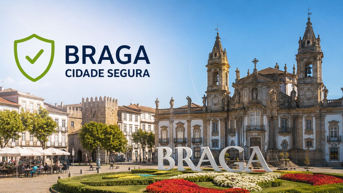 Vista da Praça da República e da Igreja do Pópulo em Braga com um escudo verde de verificação e a frase Braga Cidade Segura.