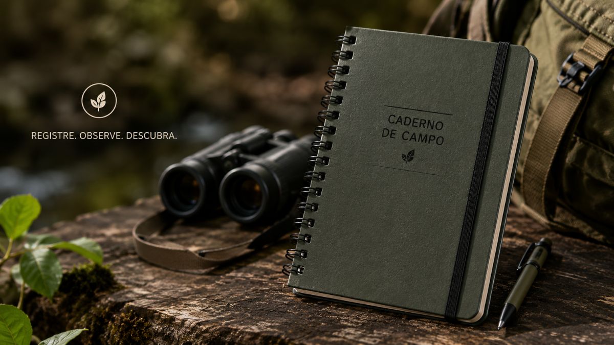 Caderno de campo verde-militar com espiral e elástico apoiado em tronco de madeira ao lado de binóculos e caneta.
