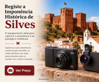 Câmara fotográfica e lente para smartphone sobre muro de pedra com vista para o castelo de grés vermelho de Silves.