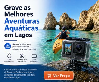 Câmara de ação aquática em caixa estanque na rocha com homem a andar de caiaque nas falésias da Ponta da Piedade em Lagos.