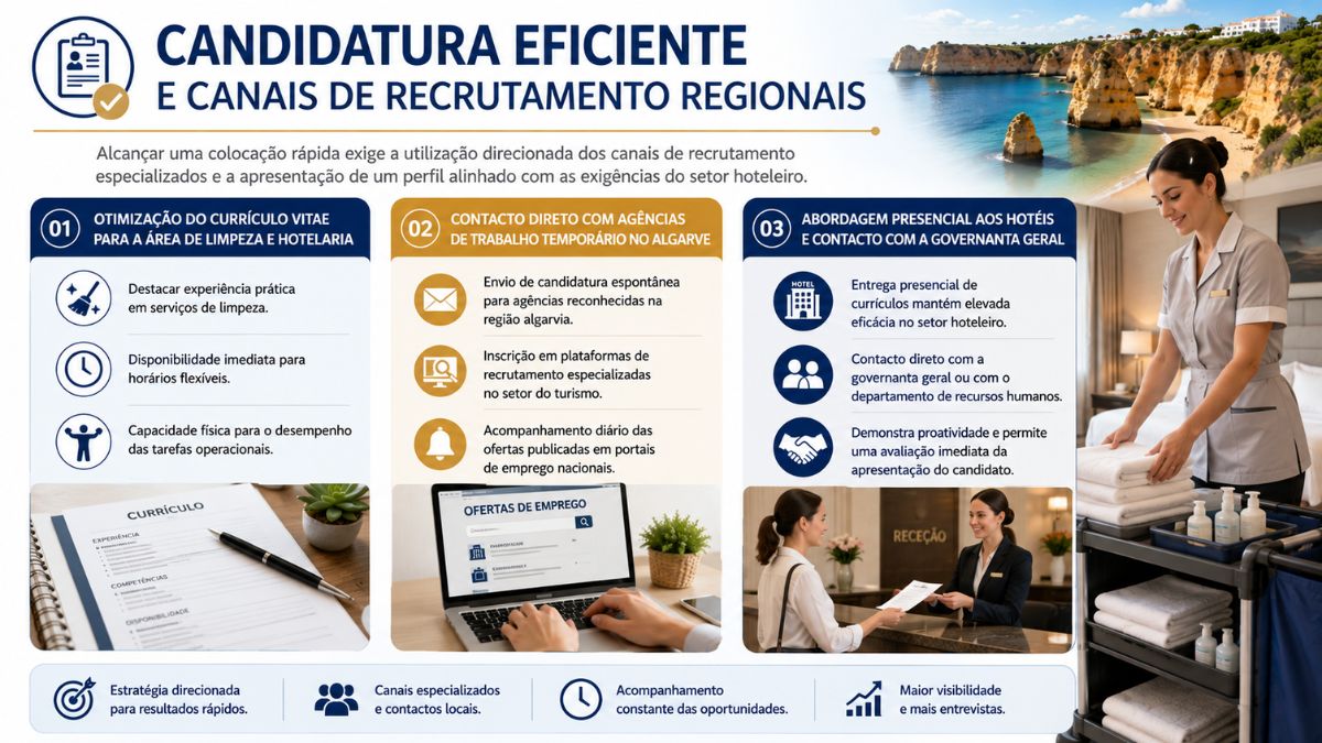 Infográfico explicativo sobre candidatura eficiente, currículo e canais de recrutamento no Algarve para housekeeping.