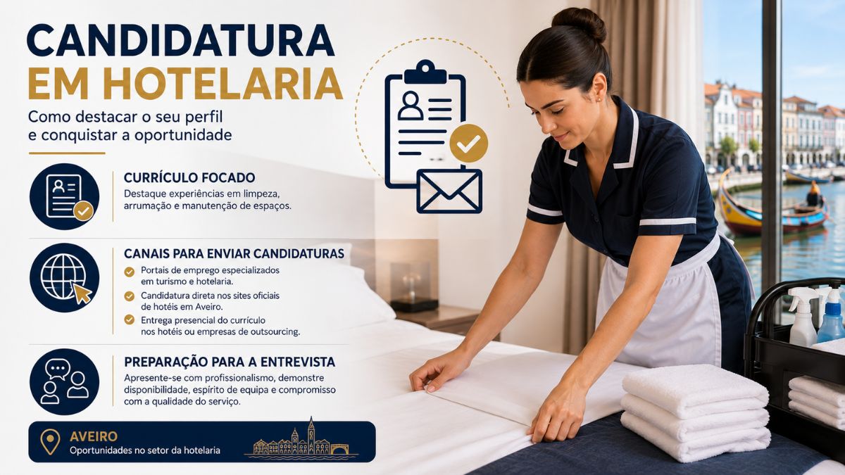 Infográfico sobre candidatura em hotelaria com o título Como destacar o seu perfil e conquistar a oportunidade, acompanhado por uma profissional a preparar a cama num hotel em Aveiro com vista para a ria.
