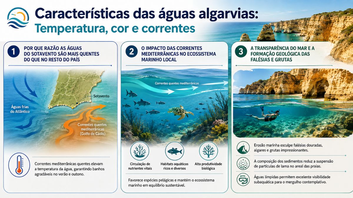 Infográfico sobre as características das águas do Algarve, exibindo a influência das correntes quentes do Golfo de Cádis, a biodiversidade marinha e a transparência do mar junto às falésias.