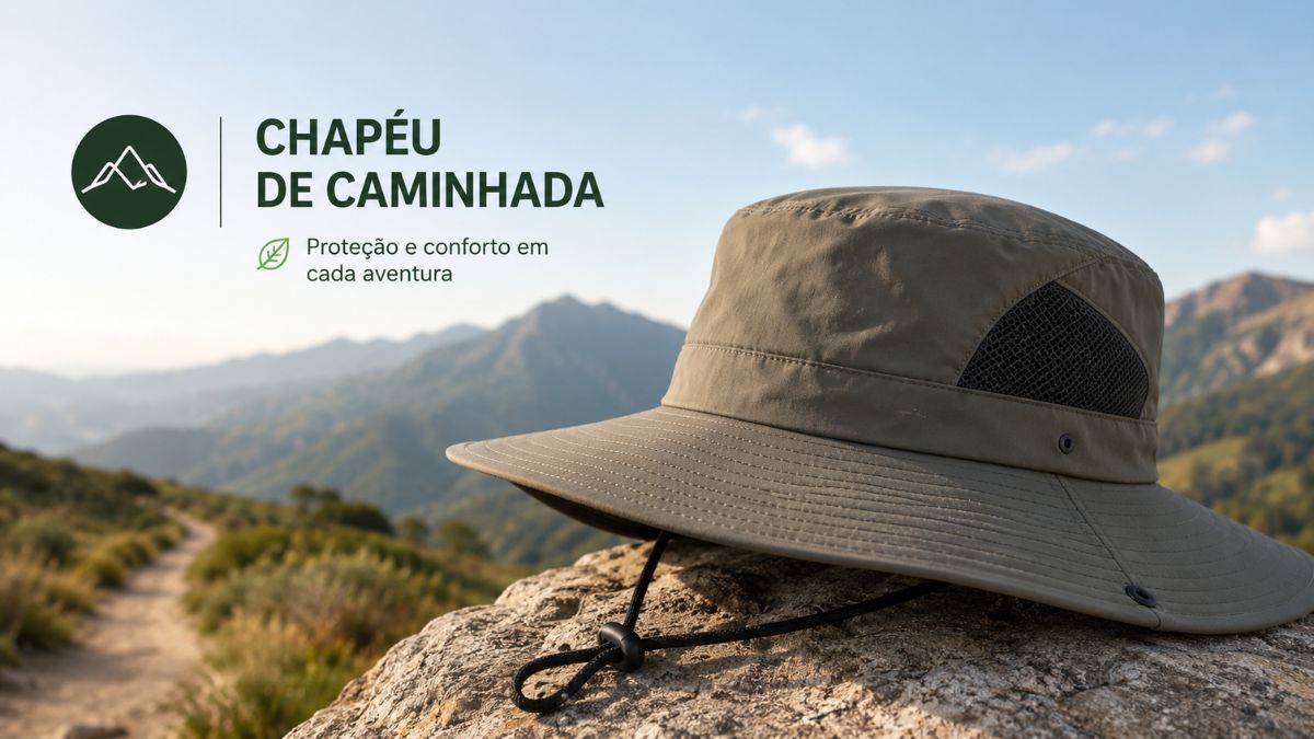 Chapéu de caminhada verde-cáqui com cordão ajustável sobre pedra, em destaque contra paisagem montanhosa ao fundo sob céu limpo.