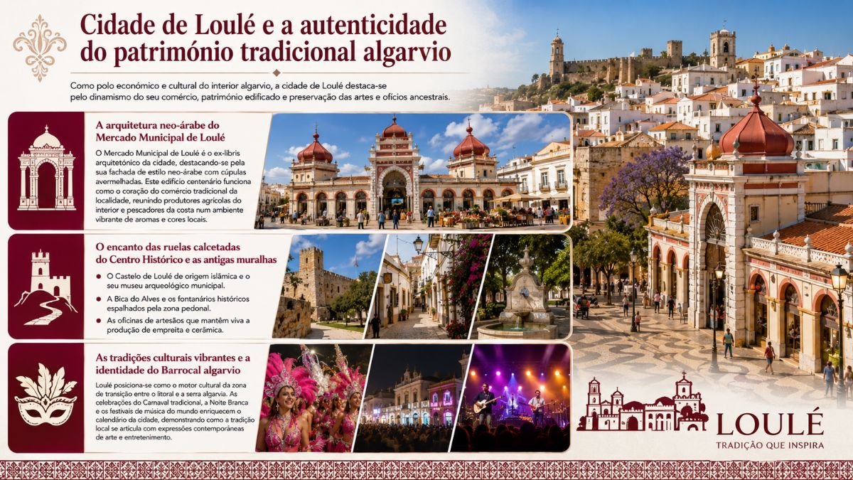 Infografia da cidade de Loulé no Algarve com o Mercado Municipal neo-árabe, centro histórico calcetado, castelo e tradições culturais.
