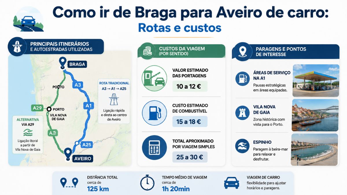 Infográfico explicativo sobre como ir de Braga para Aveiro de carro detalhando rotas pelas autoestradas A3, A1 e A29, custos de portagens e combustível e paragens estratégicas.