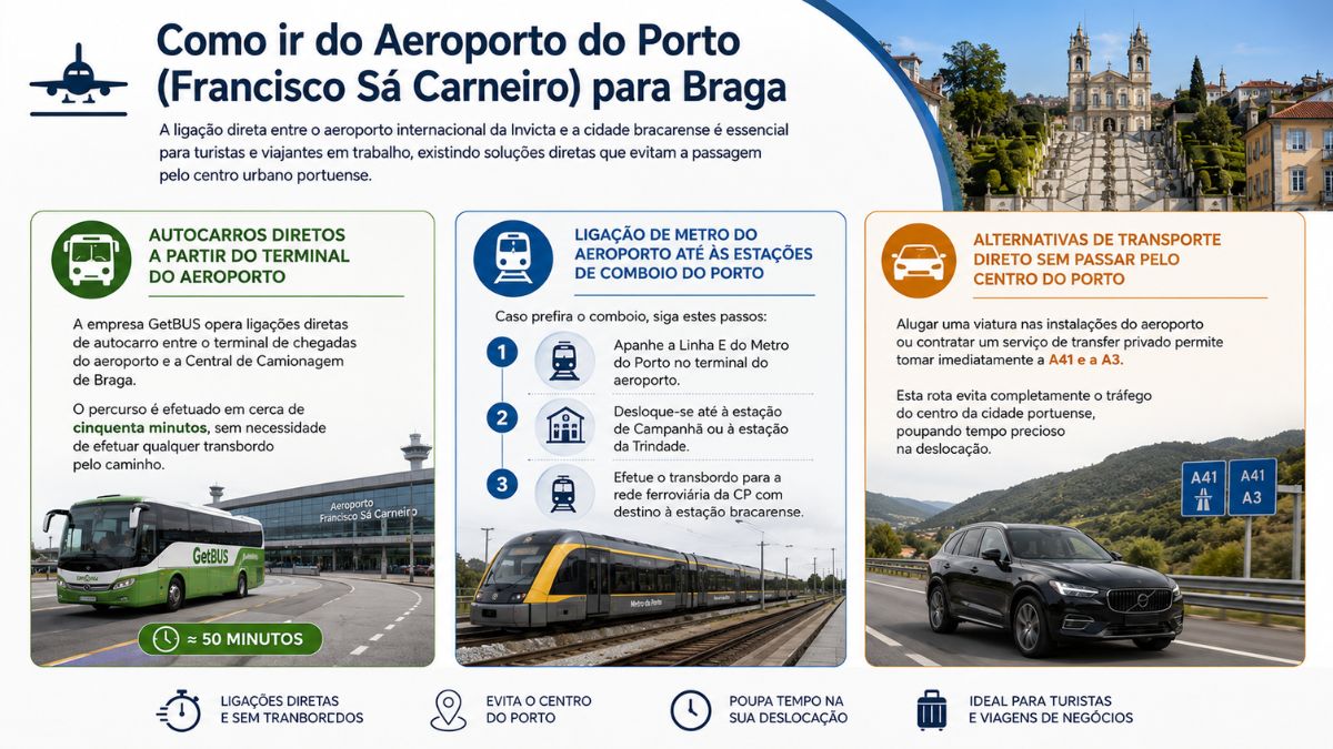 Infográfico com opções de transporte a partir do Aeroporto Francisco Sá Carneiro até Braga, detalhando autocarros diretos GetBUS, ligação de metro e rotas de carro pelas autoestradas A41 e A3.