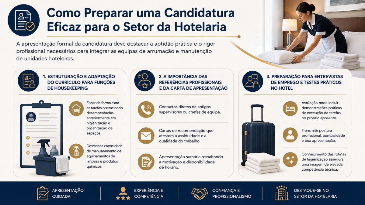 Infográfico com orientações para a candidatura a empregada de andares, incluindo currículo, referências e preparação para entrevista hoteleira.