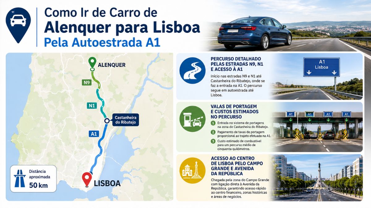 Infográfico explicativo sobre o percurso de carro entre Alenquer e Lisboa pela Autoestrada A1, destacando o mapa do trajeto de 50 km com passagens pelas estradas N9, N1, entrada em Castanheira do Ribatejo, praça de portagem e acesso final ao centro da capital pelo Campo Grande.