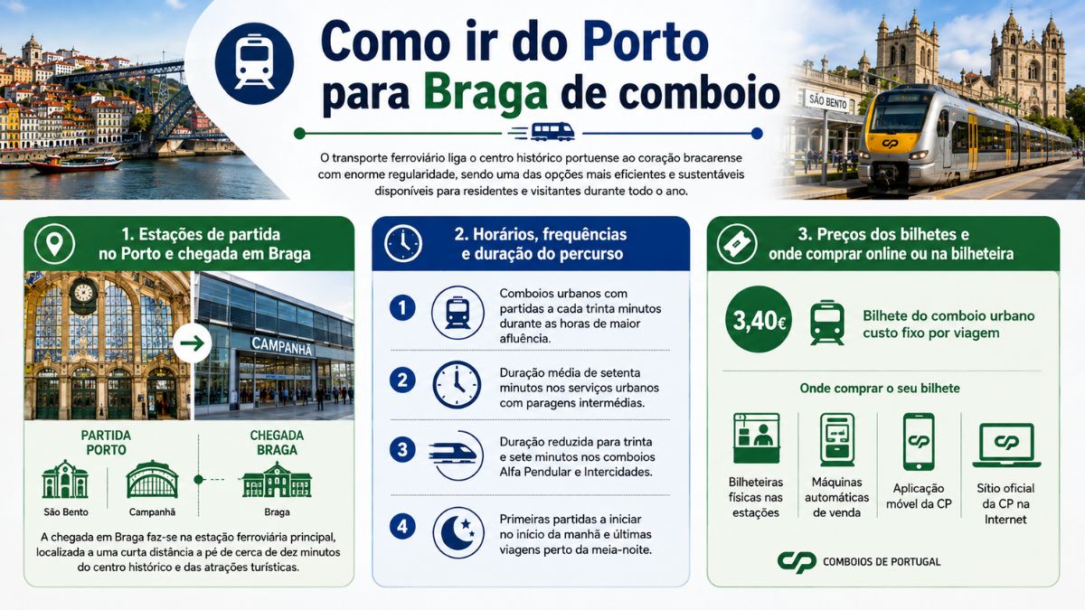 Infográfico detalhado sobre como ir do Porto para Braga de comboio, mostrando fotos das estações de São Bento, Campanhã e Braga, horários, duração e o preço do bilhete da CP.
