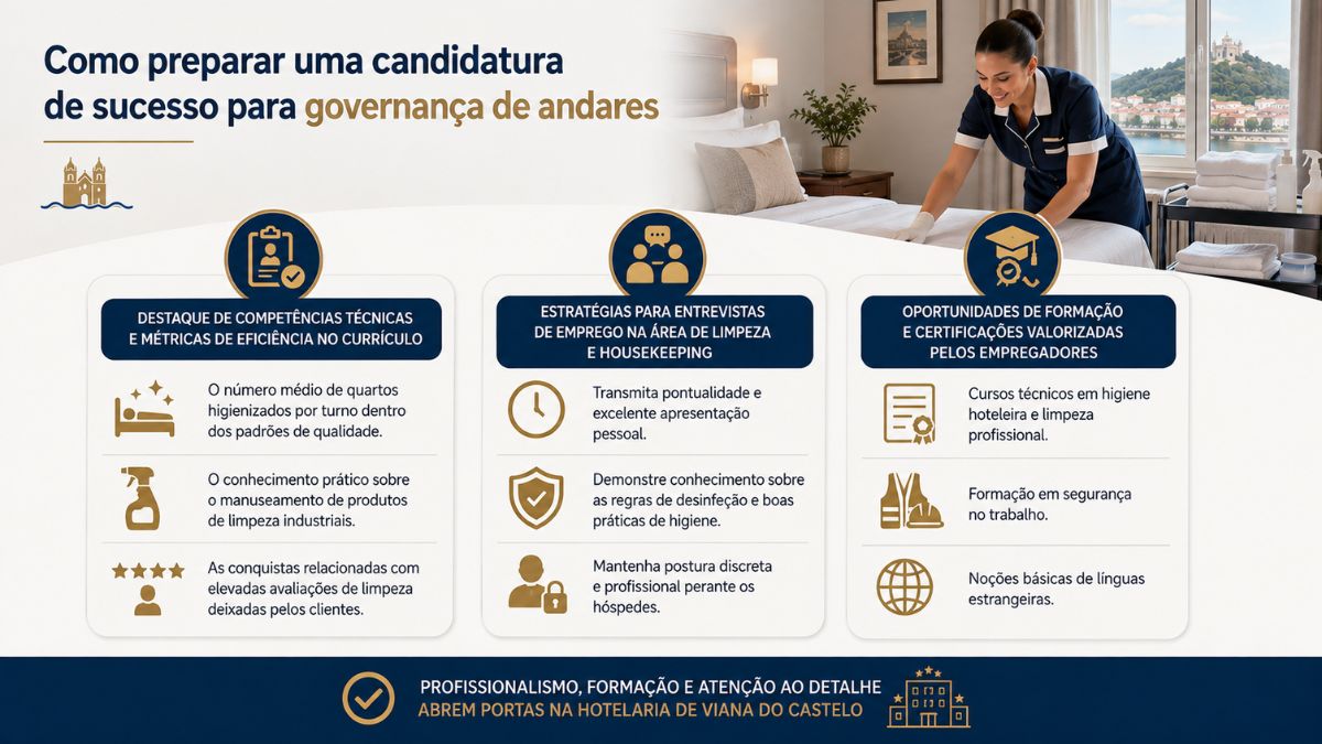 Infográfico informativo sobre candidatura para governança de andares em Viana do Castelo com dicas de currículo, entrevistas e formação.