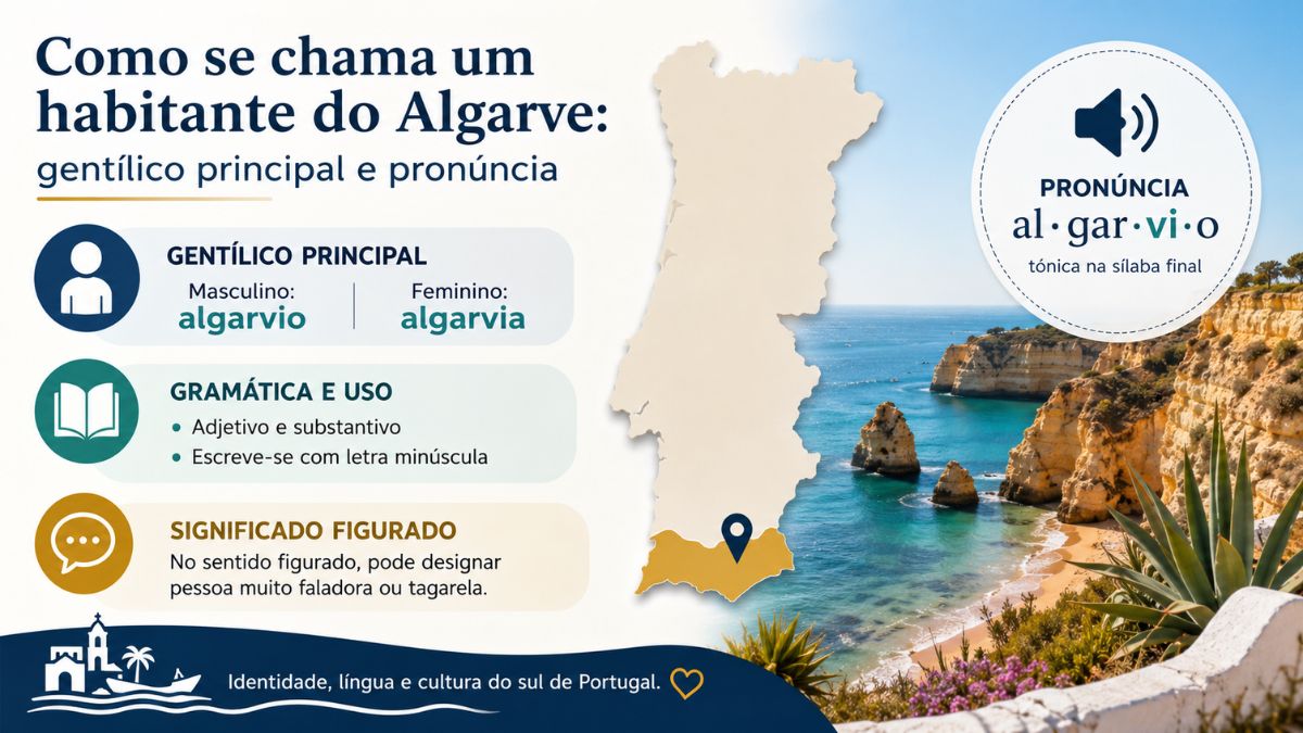 Infografia explicativa sobre como se chama um habitante do Algarve, com dados sobre gramática, uso e pronúncia da palavra algarvio.