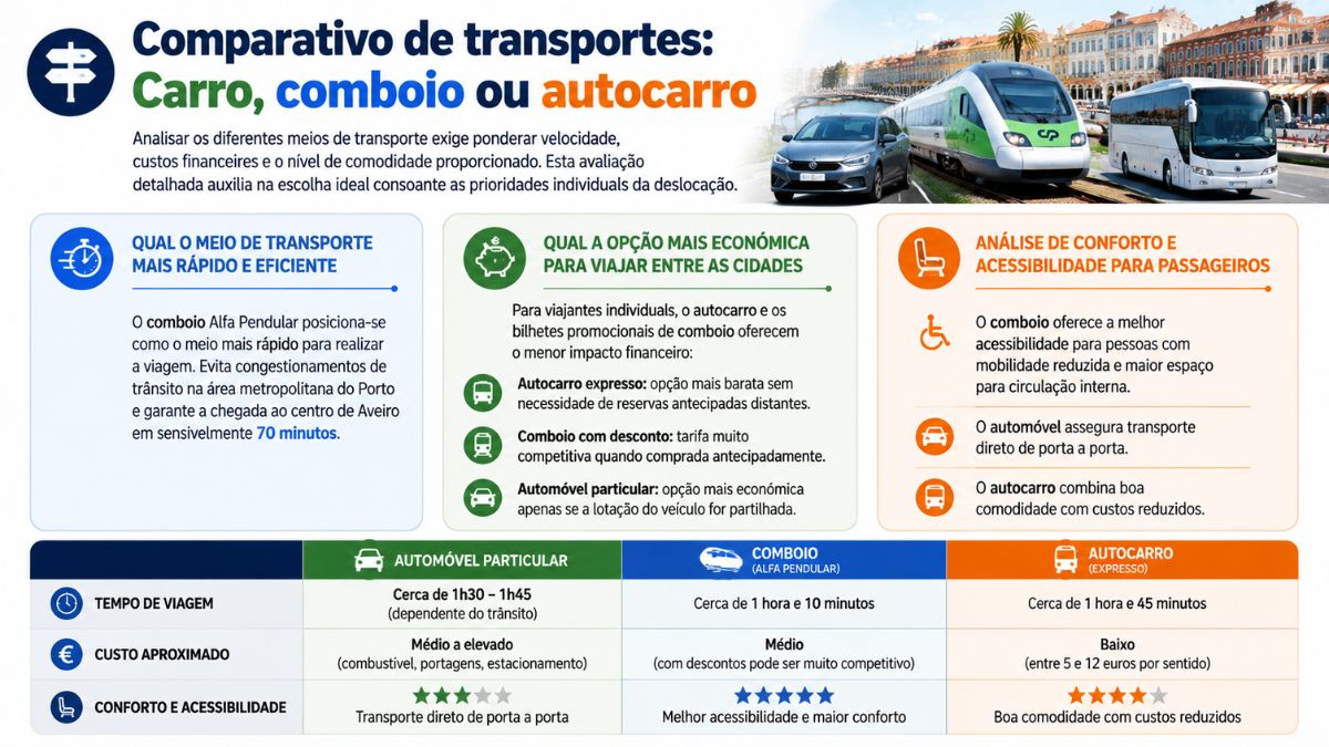 Infográfico comparativo de transportes entre Braga e Aveiro analisando carro, comboio Alfa Pendular e autocarro em termos de velocidade, custos, conforto e acessibilidade.