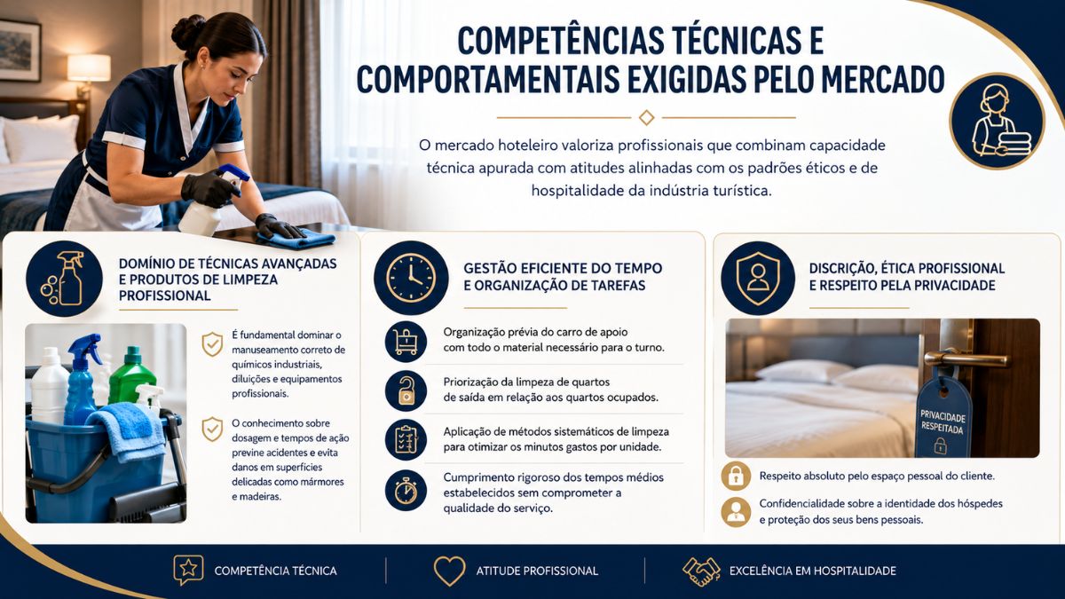 Infográfico sobre competências técnicas e comportamentais da empregada de andares, abordando domínio de produtos de limpeza profissional, gestão eficiente do tempo e discrição ética no acolhimento hoteleiro.