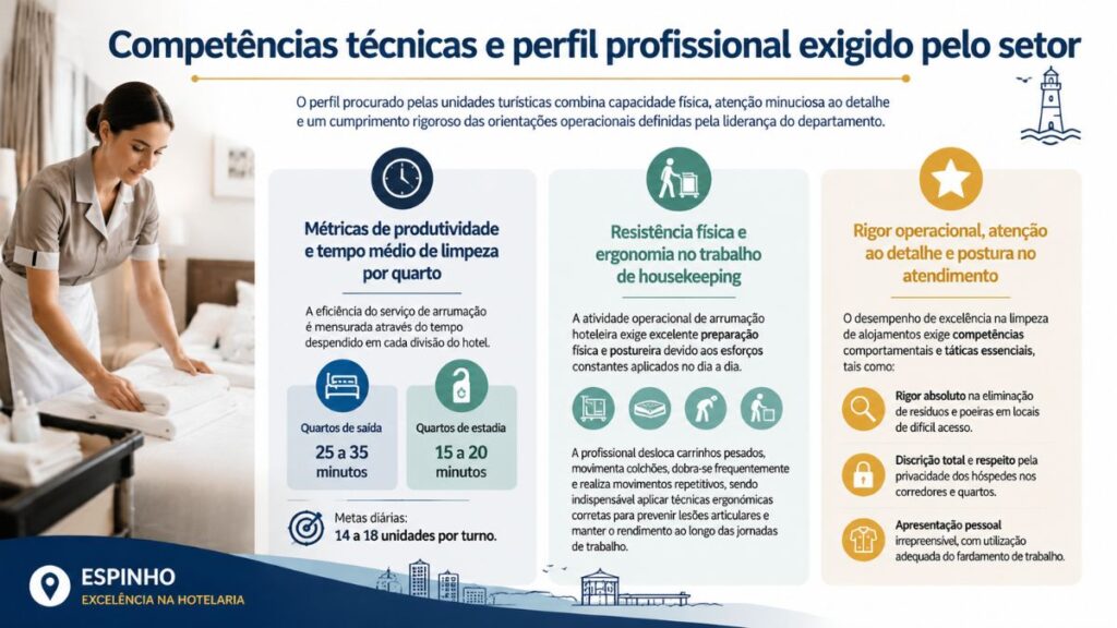 Infográfico explicativo sobre competências técnicas e perfil profissional de housekeeping em Espinho, mostrando uma empregada de andares a arrumar toalhas num quarto de hotel, detalhando tempos de limpeza, ergonomia e postura profissional.