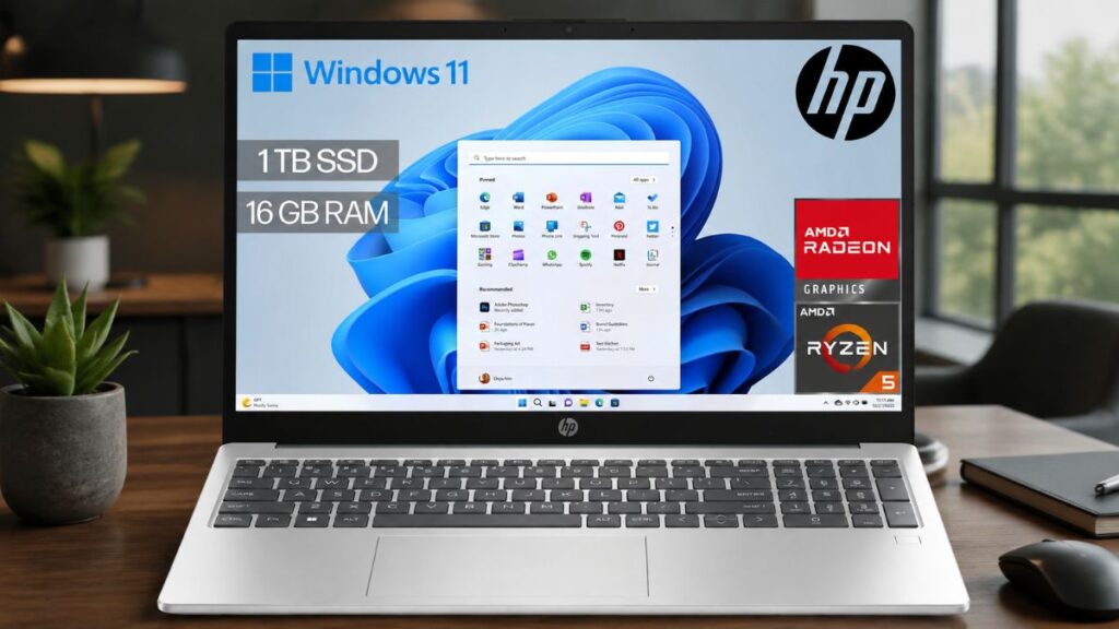 Portátil HP 15 fc0241ns prateado aberto sobre uma mesa de madeira, exibindo no ecrã o sistema operativo Windows 11 e destaques para 16 GB de RAM, 1 TB de SSD, gráficos AMD Radeon e processador AMD Ryzen 5.