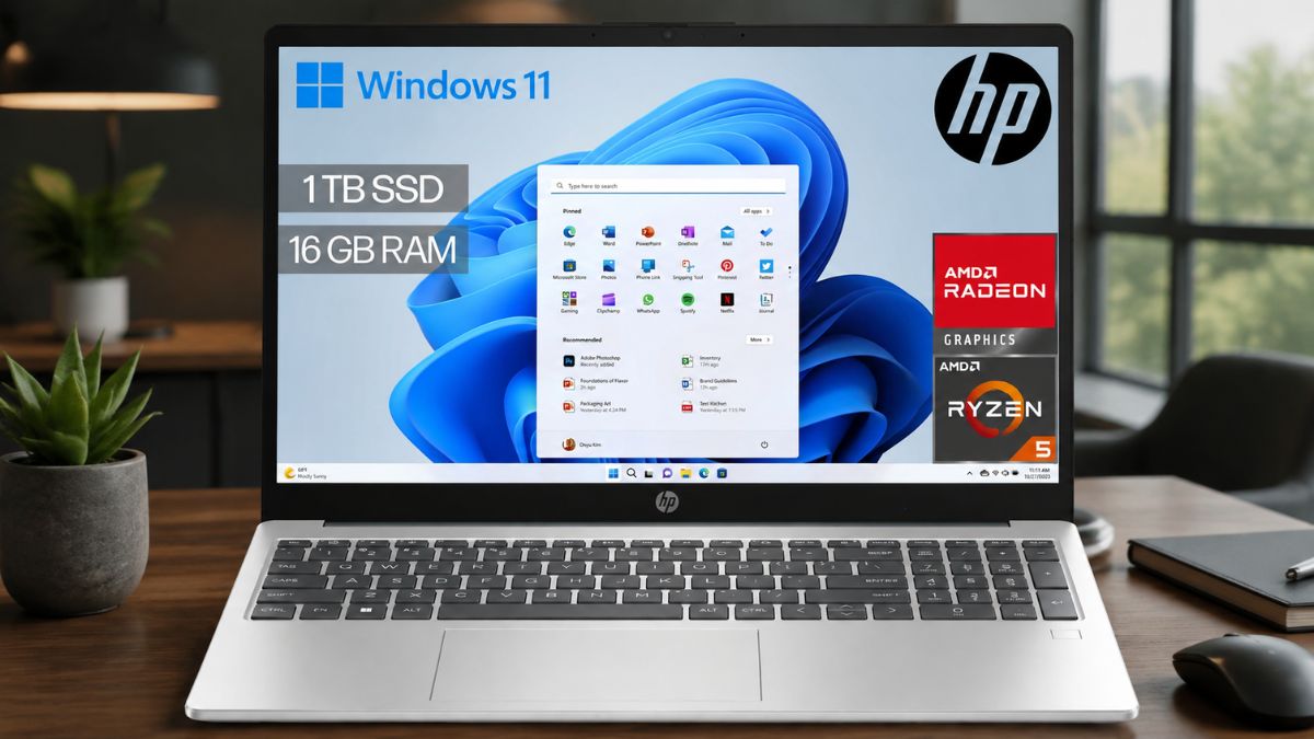 Portátil HP 15 fc0241ns prateado aberto sobre uma mesa de madeira, exibindo no ecrã o sistema operativo Windows 11 e destaques para 16 GB de RAM, 1 TB de SSD, gráficos AMD Radeon e processador AMD Ryzen 5.