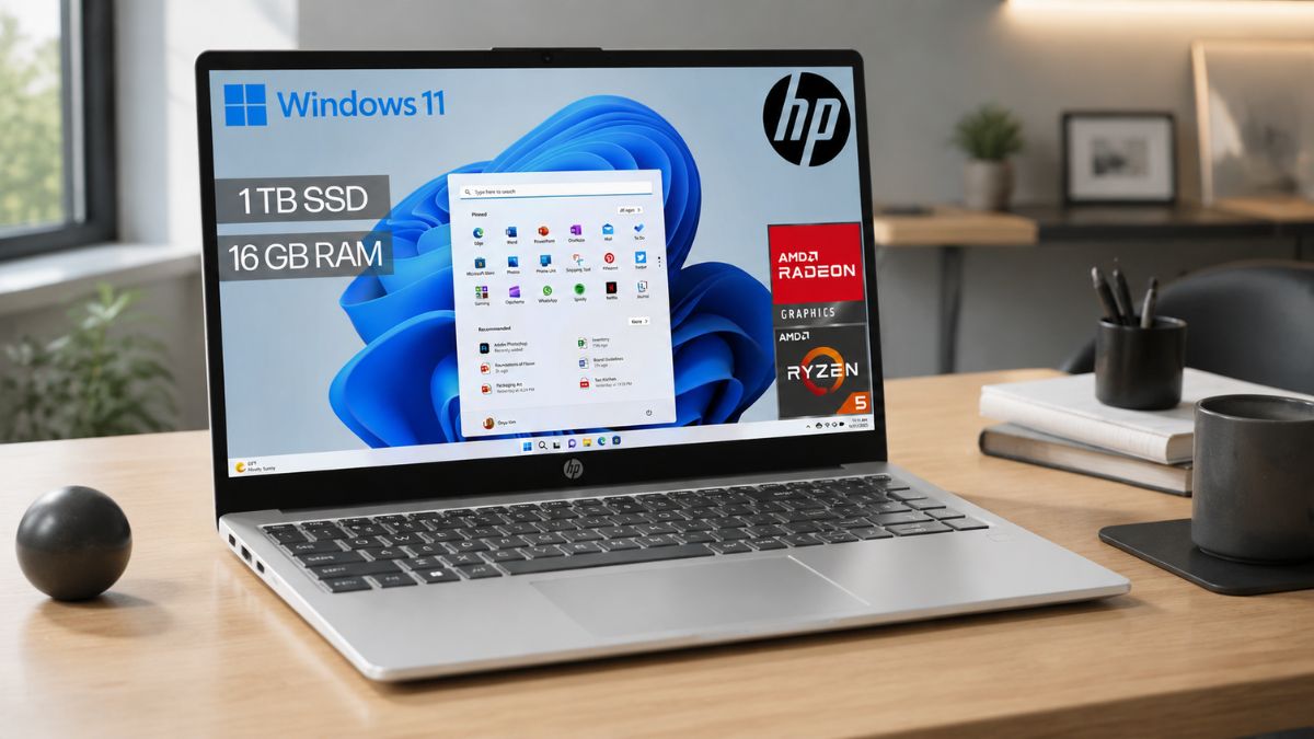 Computador portátil HP de cor prateada aberto sobre uma secretária de madeira, mostrando o ecrã com o sistema operativo Windows 11 ligado e as principais características técnicas como 1 TB de SSD, 16 GB de RAM, gráficos AMD Radeon e processador AMD Ryzen 5.