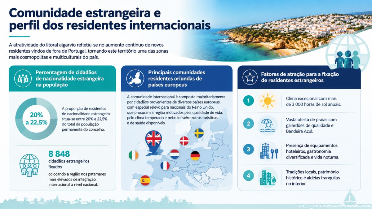 Infográfico sobre a comunidade estrangeira em Albufeira com estatísticas da população internacional e fatores de atração do concelho.