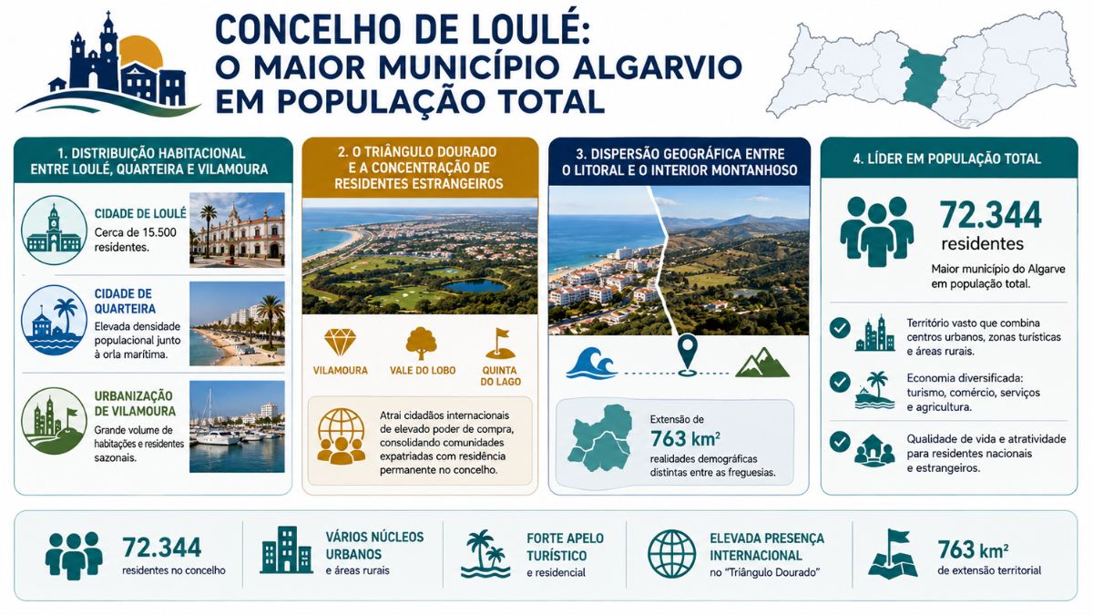 Um infográfico detalhado que explica porque o Concelho de Loulé é o maior município algarvio em população total. O gráfico está dividido em quatro secções principais com títulos numerados e imagens ilustrativas. Inclui dados sobre a distribuição habitacional entre as cidades de Loulé e Quarteira e a urbanização de Vilamoura. Aborda o Triângulo Dourado e a concentração de residentes estrangeiros com destaque para Vilamoura Vale do Lobo e Quinta do Lago. Mostra a dispersão geográfica entre o litoral e o interior montanhoso com um mapa e dados sobre a extensão territorial de 763 quilómetros quadrados. A secção final confirma Loulé como líder em população total com 72 mil e 344 residentes apresentando ícones e pontos de verificação sobre o território vasto a economia diversificada e a qualidade de vida.