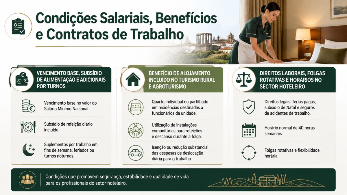 Infográfico sobre condições salariais e contratos de trabalho no setor hoteleiro em Évora, detalhando vencimento base, subsídio de alimentação, alojamento no turismo rural e direitos laborais.