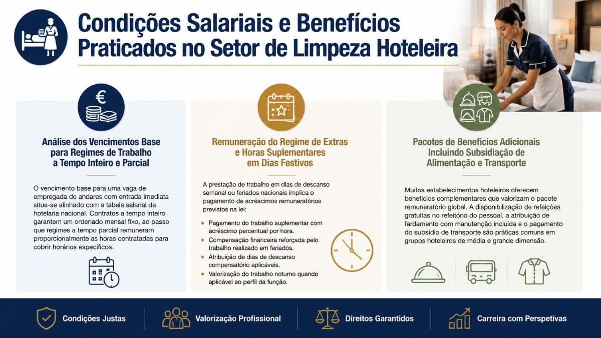 Infografico sobre condicoes salariais e beneficios para empregada de andares em Portugal com salarios base horas suplementares e subsidios hoteleiros.